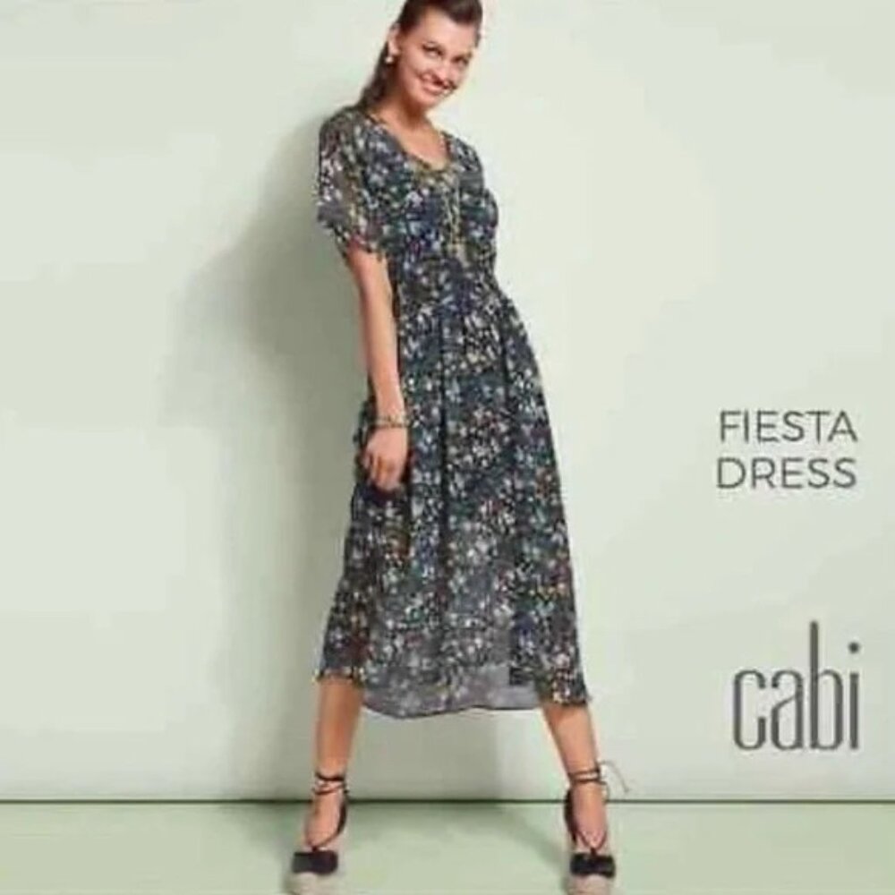 CAbi Multi Colored Midi Short Sleeve Floral Print Fiesta Dress Style 5386 XL